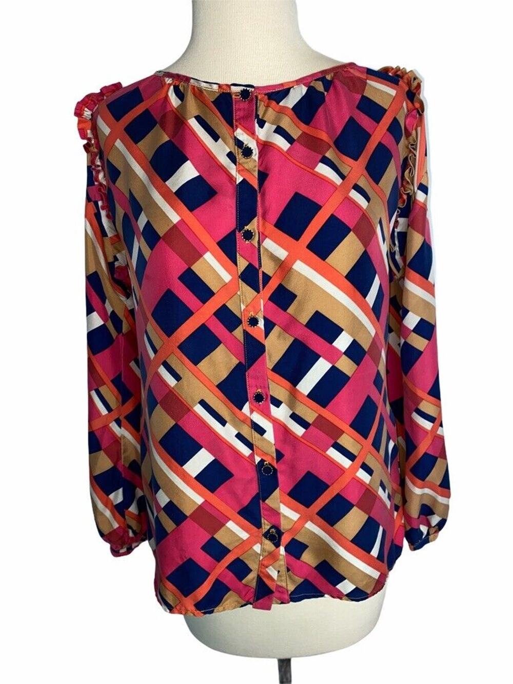 Medium Britt Ryan Button Down Silk Blouse Diagonal Plaid Shirt